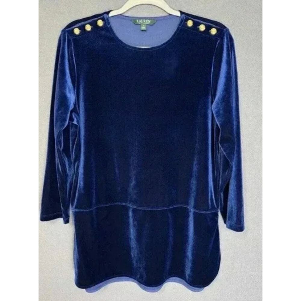Lauren Ralph Lauren Velvet Blue Top Gold Button  1X
